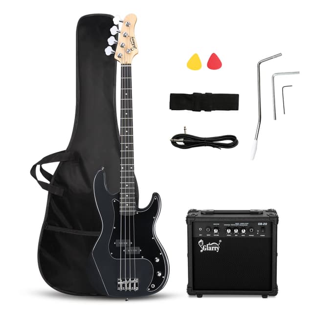 GLARRY Full Size Electric Bass Guitar Beginner Kit 4 String Exquisite Basswood Bass with 20W AMP, Cable, Strap, Bag and Accessories (Grey, 39"Right Handed)