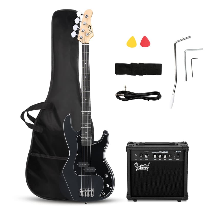 GLARRY Full Size Electric Bass Guitar Beginner Kit 4 String Exquisite Basswood Bass with 20W AMP, Cable, Strap, Bag and Accessories (Grey, 39"Right Handed)