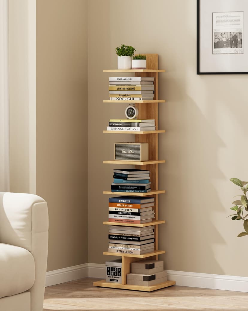 TUTOTAK Narrow Bookshelf, 8-Tier Bookcase, Spine Book Shelf for Small Space, Corner Standing Shelf for Living Room, Office, Study, Entryway, Natural BS06BN008