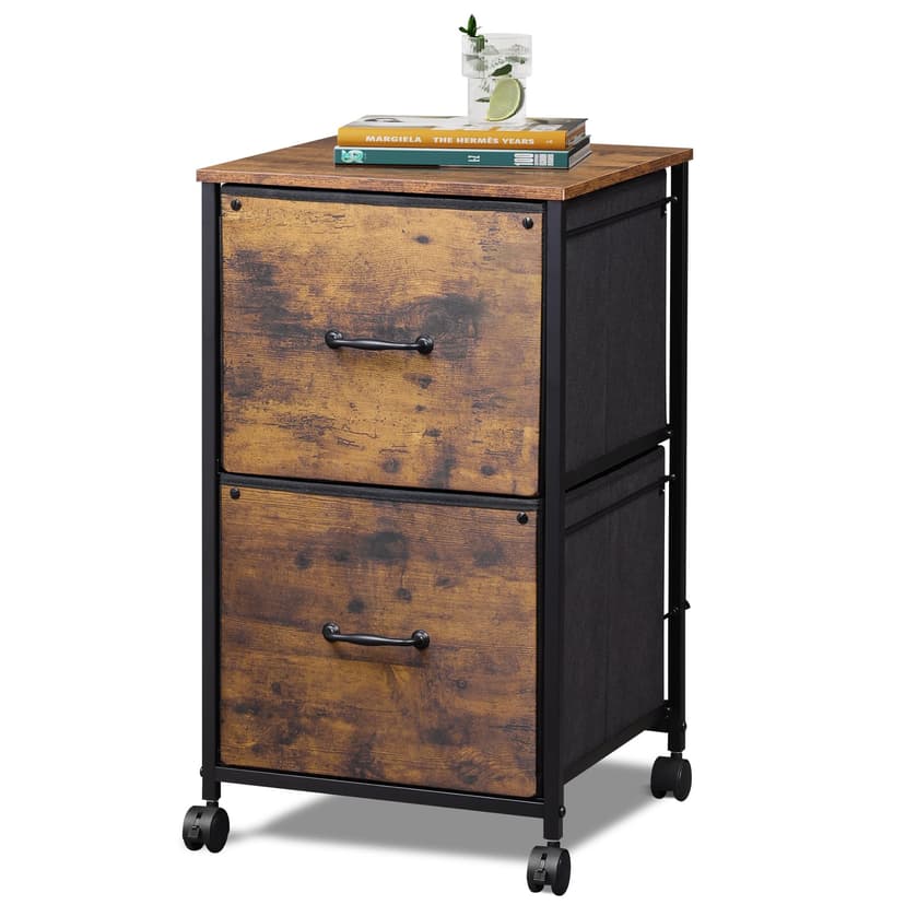 DEVAISE 2 Drawer Mobile File Cabinet, Rolling Printer Stand, Fabric Vertical Filing Cabinet fits A4 or Letter Size for Home Office, Rustic Brown Wood Grain Print