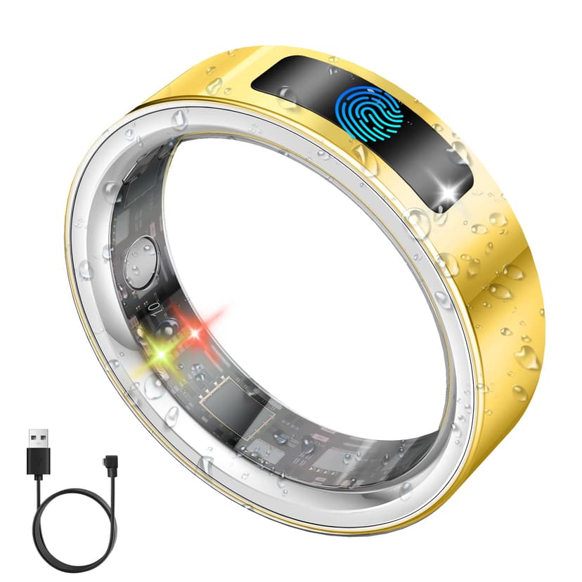 uaue Smart Health Ring for Women Men, Vibration Alert, Touch Control, Fitness Tracker Ring with Sleep/Women's Health/Heart Rate/Steps, IP68 Waterproof for iPhone and Android, Gold 9, No Subscription