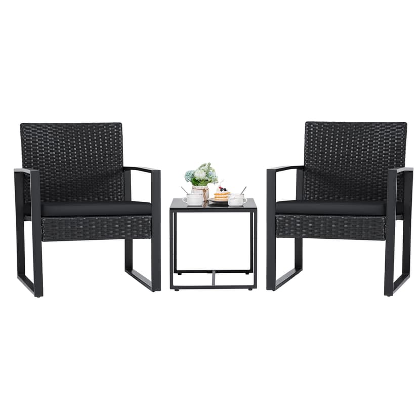 Flamaker 3 Pieces Outdoor Patio Wicker Furniture Set, Modern Rattan Chair Conversation Sets with Coffee Table for Yard and Bistro (Black)