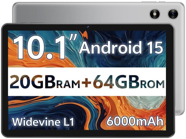 SVITOO Android Tablet 10 Inch, Android 15 Tablet for Kids Adults, 20GB RAM 64GB Storage 1TB Expandable, Dual Cameras 8MP 2MP, 6000mAh Dual Speakers WiFi 6 Gray 