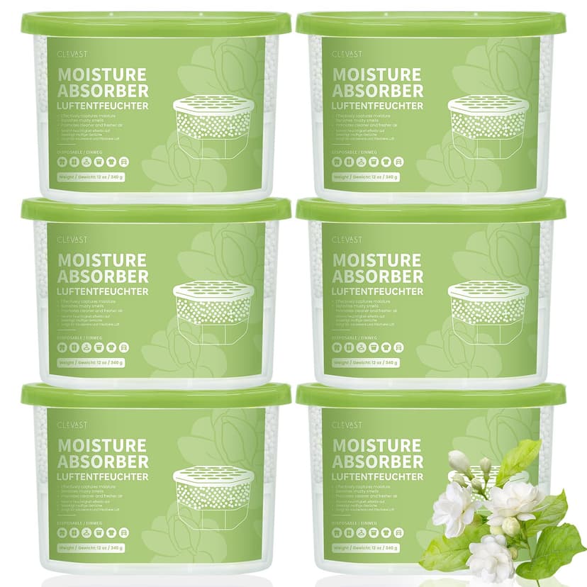 CLEVAST Moisture Absorber Boxes 6 Pack, 12 Oz Dehumidifier for Closet & Bathroom, Humidity Absorber for Wardrobe, Bedroom, RV & Car, Moisture Control, Jasmine Scented