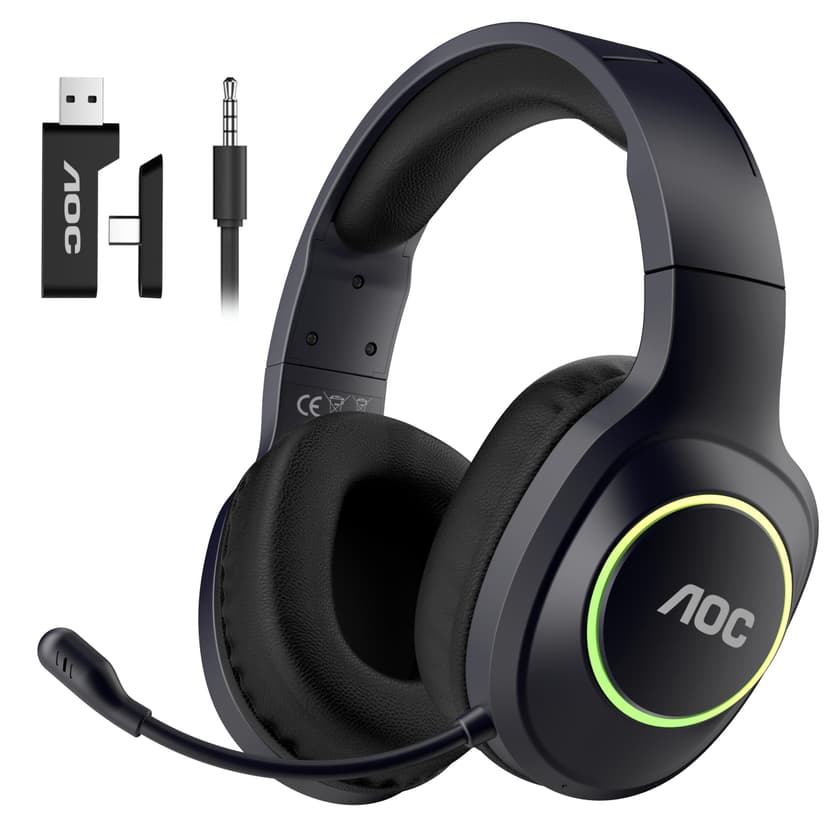 AOC Wireless Gaming Headphones with Bluetooth 5.4 & USB-C for PS5/4, Nintendo Switch, PC, Laptop, 2.4GHz Gaming Headset with Mic, 20ms Latency, 45H Playtime, 7.1 Virtual Surround- Glossy Black