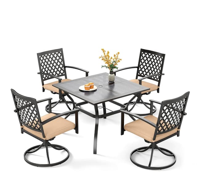 PHI VILLA 5 Pieces Outdoor Dining Set for 4, 37” Square Metal Steel Table with Mesh Tabletop & Swivel Wrought Iron Chairs with Cushions, Outside Furniture Set for Patio, Deck, Yard, Porch
