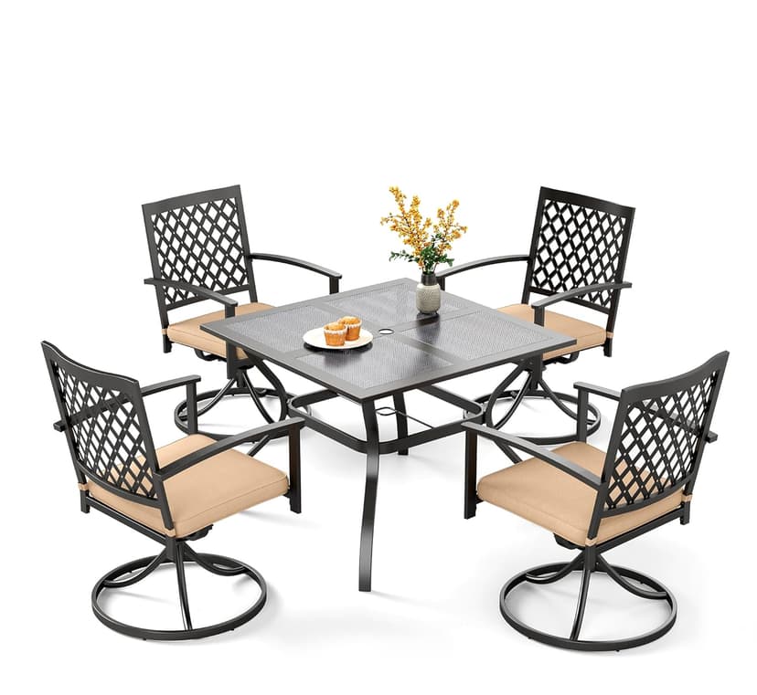 PHI VILLA 5 Pieces Outdoor Dining Set for 4, 37” Square Metal Steel Table with Mesh Tabletop & Swivel Wrought Iron Chairs with Cushions, Outside Furniture Set for Patio, Deck, Yard, Porch