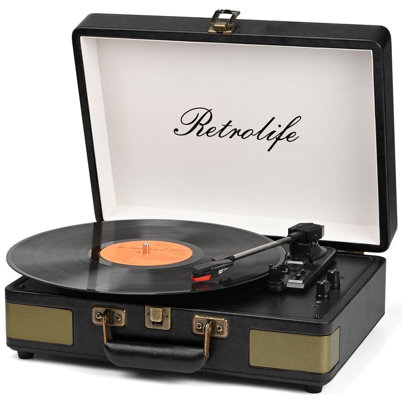 Retrolife Record Player 3 Speed Bluetooth Portable Suitcase Vinyl Player with Built-in Speakers Turntable Enhanced Audio Sound PU Leather Vintage