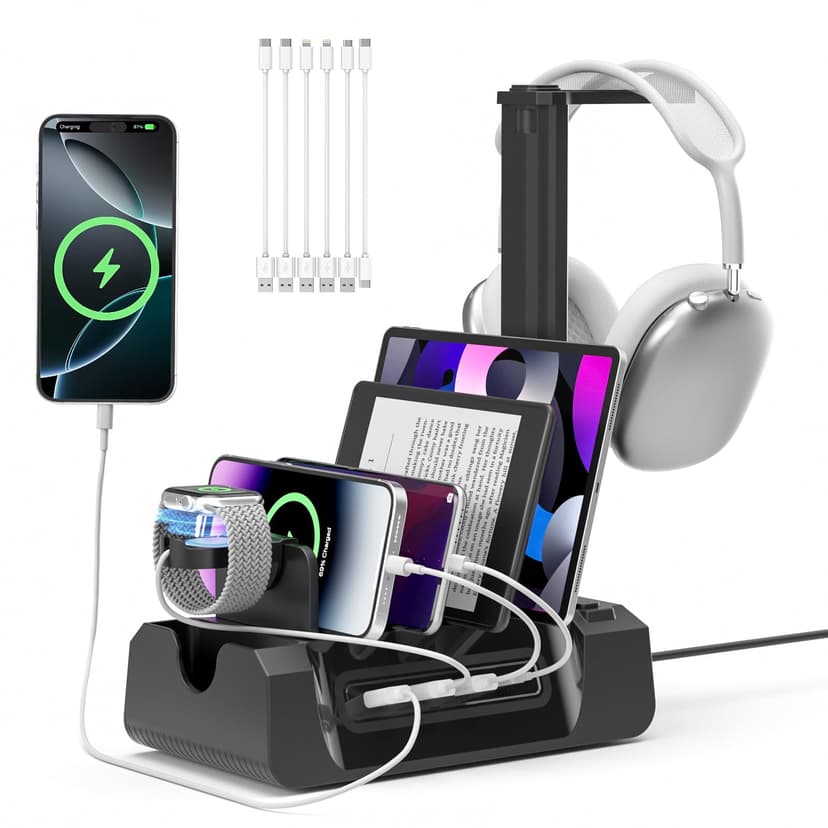 KDD Charging Station with 6 Charging Cables - Fast Charging 6 in 1 Cellphone Charging Dock with Headphone Stand and Watch Holder - 2 AC&USB A&USB C, Storage Station for Smartphone,Tablets, AppleWatch