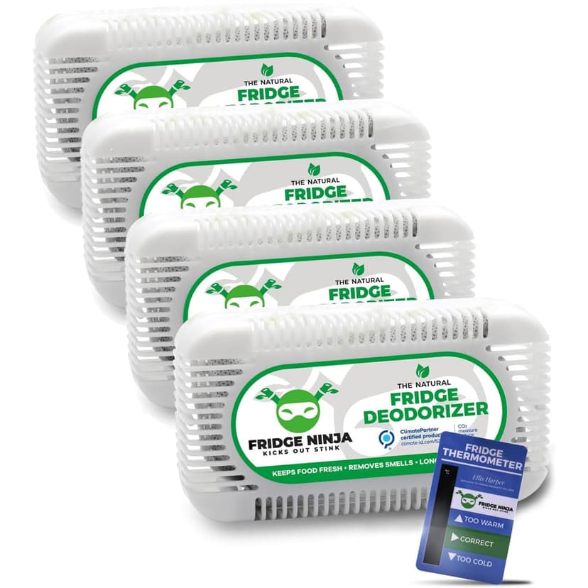 Fridge Ninja Fridge Deodorizer (4 Pack) - More Effective Than Baking Soda - Natural and Unscented Activated Charcoal Refrigerator Deodorizer and Odor Eliminator for Freezers, Coolers, and Lunch Boxes