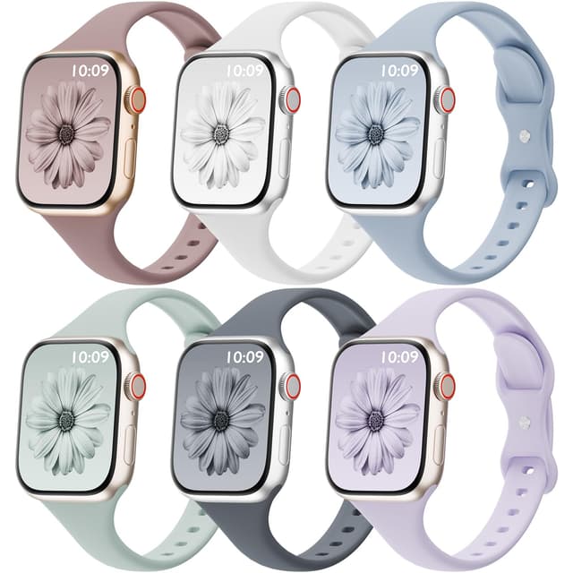 6 Pack Thin Bands Compatible with Apple Watch Band 38mm 40mm 41mm 42mm 44mm 45mm 46mm 49mm Women Men, Sport Silicone Strap Slim Wristband for iWatch Series 11 10 9 8 SE 7 6 5 4 3 2 1 Ultra