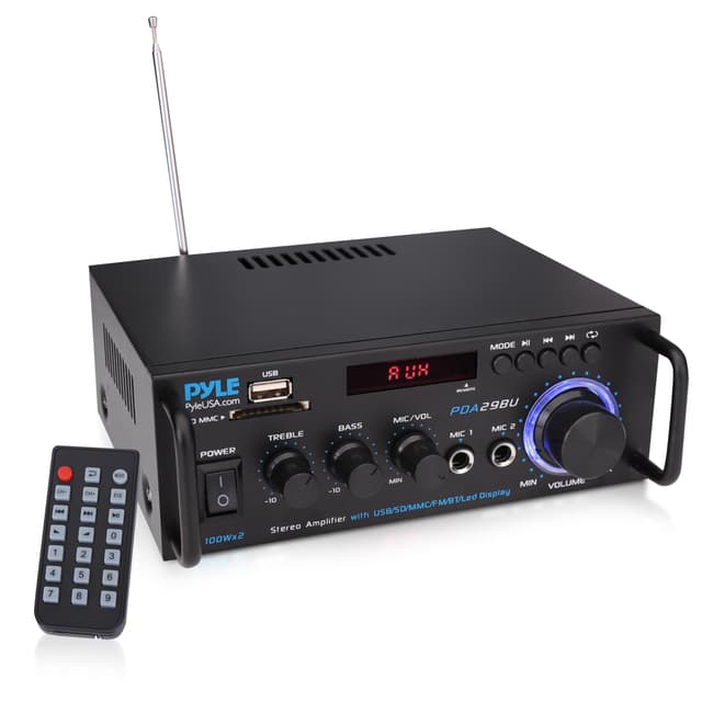 Pyle 200W Stereo Power Amplifier with Bluetooth - Dual Channel Audio Receiver - LED Display - RCA - USB - SD - MIC IN - FM Radio - AUX Input - Perfect for Home & Computer Audio - PDA29BU.5