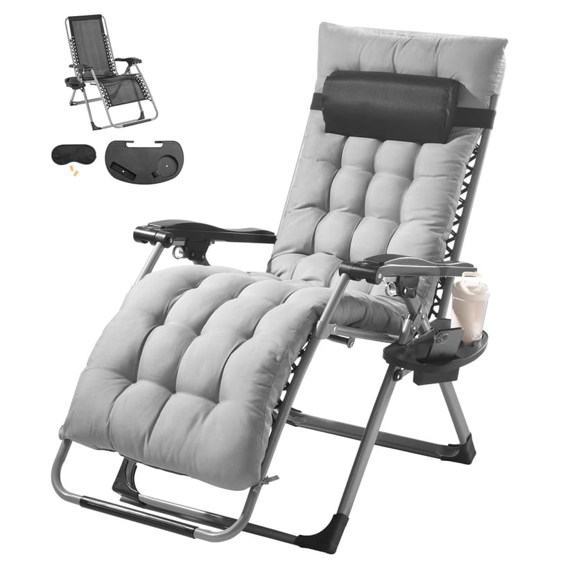 VEVOR Zero Gravity Chair, 26 inch Zero Gravity Recliner Lounge Chair for Indoor and Outdoor, Adjustable Anti Gravity Chair with Cushion, Headrest, Footrest, and Cupholder, 500 lbs, Gray