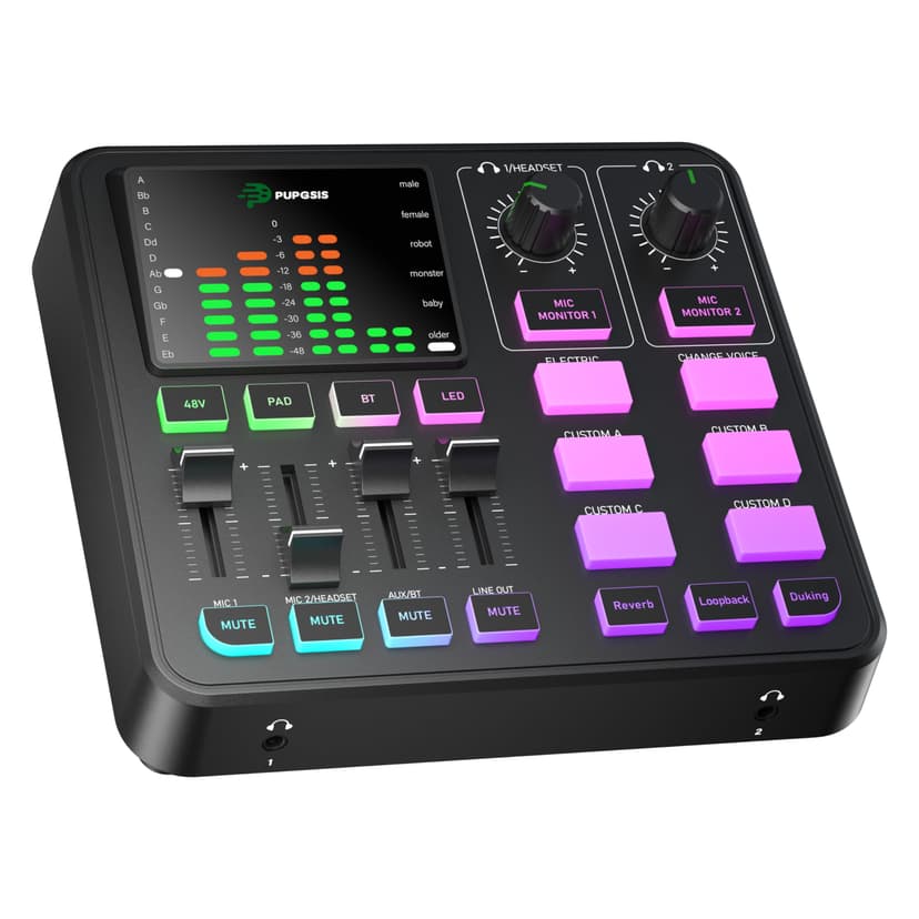 PUPGSIS Gaming Audio Mixer, Audio Interface for PC/Podcast/Streaming, Sound Board with 3.5mm/XLR Mic Input, 48V Phantom Power, Voice Changer, Live Sound Card with DJ Mixer Effects/Bluetooth/4 Channel