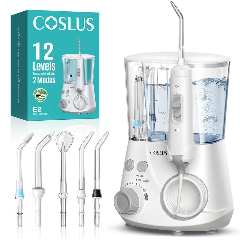 COSLUS E2 Advanced Water Flosser for Teeth: 2 Modes & 12 Pressure Settings Electric Dental Pick for Orthodontic, Braces, Sensitive Gums - Home Use, 5 Jet Tips for Multiple Users, Family, White