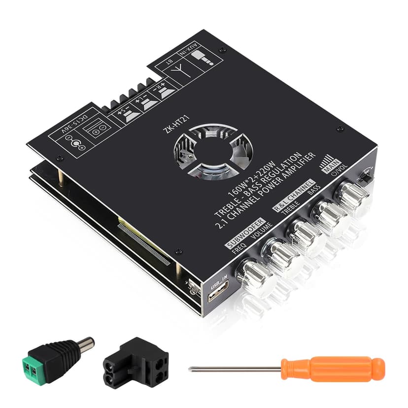 ZK-HT21 2.1 Channel Mini Bluetooth Amplifier Board,160W×2+220W High Power Stereo Subwoofer Amp with TDA7498E Hi-Fi Chip and Dual Expansion Ports, BT USB AUX Input DC 15-36V for DIY Home Speakers