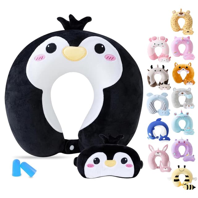 Cirorld Travel Pillow for Kids Adult Cute Neck Pillow for Traveling Memory Foam Airplane Pillow Sleep Mask Animal Flight Pillow Head Rest Neck Support for Cars Long Flights (Penguin, 9-12 Y/O)