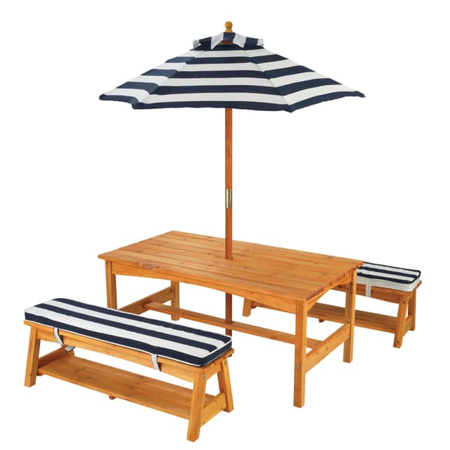 KidKraft Outdoor Wooden Table & Bench Set with Cushions and Umbrella, Kids Backyard Furniture, Navy and White Stripe Fabric