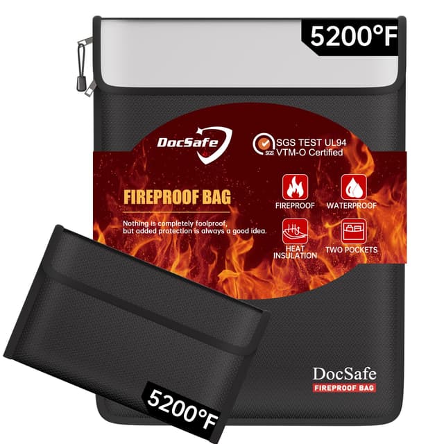 DocSafe Fireproof Document Bag (5200℉) with Fireproof Organizer Travel Case,Heat Insulated Fire&Water Resistant 8 Layers Safe Money Bag Storage for Important Documents,Cash,Power Bank,Valuables,Black
