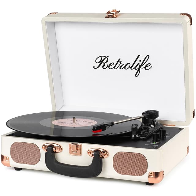 Turntable Vinyl Record Player 3-Speed Suitcase Portable Belt-Driven Record Player with Built-in Speakers RCA Line Out AUX in Headphone Jack Vintage White
