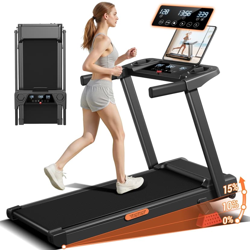 12% Incline Treadmill with Handle, 3-in-1 Portable Treadmills for Home and Office, Foldable Treadmills with 300 Lbs Weight Capacity, 3.0HP Quiet Walking Pad Treadmill, Three Touch Screen