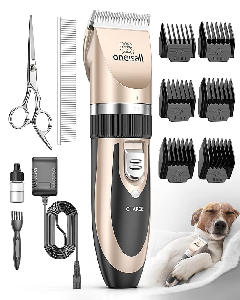 oneisall Dog Clipper Low Noise, Dog Grooming Kit with Rechargeable, Pet Shaver Cordless Electric Quiet Hair Clipper Set for Dogs Cats Pets(Gold)