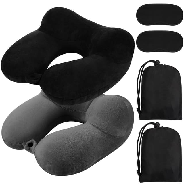 Sintuff 2 Pack Inflatable Travel Pillow for Airplanes Inflatable Neck Flight Pillows with Compact Bag and Blindfold for Traveling, Airplane, Train, Car, Office(Black and Dark Gray)