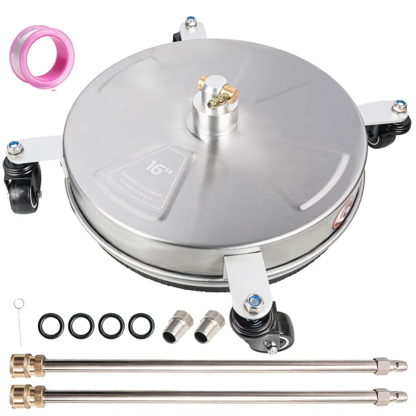 Hourleey 16" Pressure Washer Surface Cleaner, Stainless Steel Surface Cleaner with 4 Wheels for Concrete, Patio, Sidewalk, Deck, Pathway 1/4" Quick Connector, 2 Extension Wand, 4000 PSI