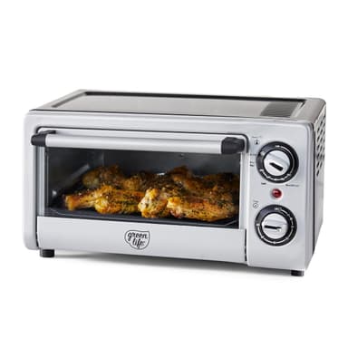 GreenLife Countertop Toaster Oven Air Fryer Stainless Steel, Healthy Ceramic Nonstick, PFAS Free, Tray & Basket, Bake, Broil, Reheat, Adjustable Temp & Time Control, Auto Shutoff, Black