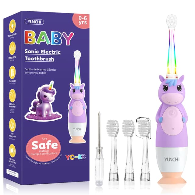 YUNCHI Toddler Electric Toothbrush Kids 0-3-6 Years, Baby Electric Toothbrush with Colorful LED Light, Battery Powered Toddler Toothbrush with 2 Minutes Timer 4 Brush Heads, Infant Toothbrush (Purple)