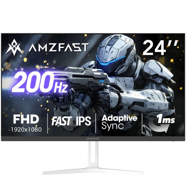 Amzfast 24 Inch Gaming Monitor 200Hz FHD 1080p Fast IPS Computer Monitor, 110% sRGB 1ms HDR Support Adaptive Sync, Eye Care VESA Mount HDMI 2.0 | Display Port 1.4 White Monitor, AMZG24X1W