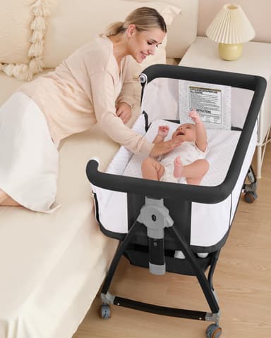 wayfong 3 in 1 Baby Bassinet Crib with Breathable Mesh, Bassinet Bedside Sleeper with Wheels, Mosquito Net, Storage Basket, 6 Height Adjustable, Easy to Assemble, Bassinets for Newborn Baby