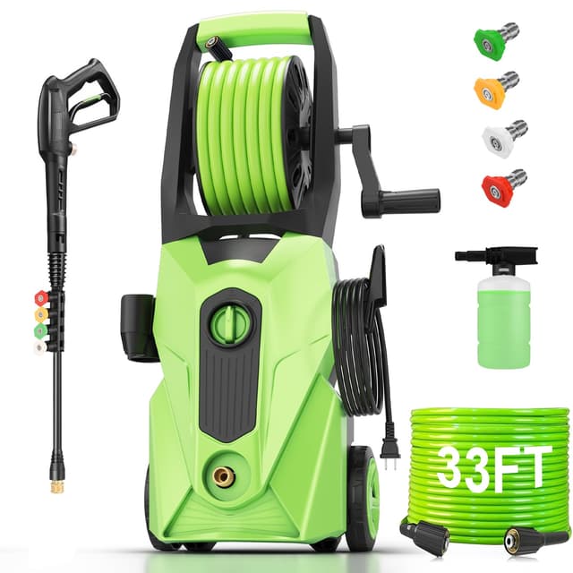 Commowner Pressure Cleaner 5000PSI Power Cleaners Powered with 33ft Pressure Hose, 4 Nozzle and Foam Cannon, powerCleaners for Home, Cars, Fences, Patio, Green