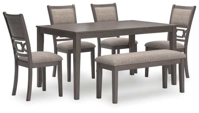 Signature Design by Ashley Wrenning Diamond Patterned Dining Table Set, 4 Upholstered Chairs and Bench, Seats 6, Wood, Gray