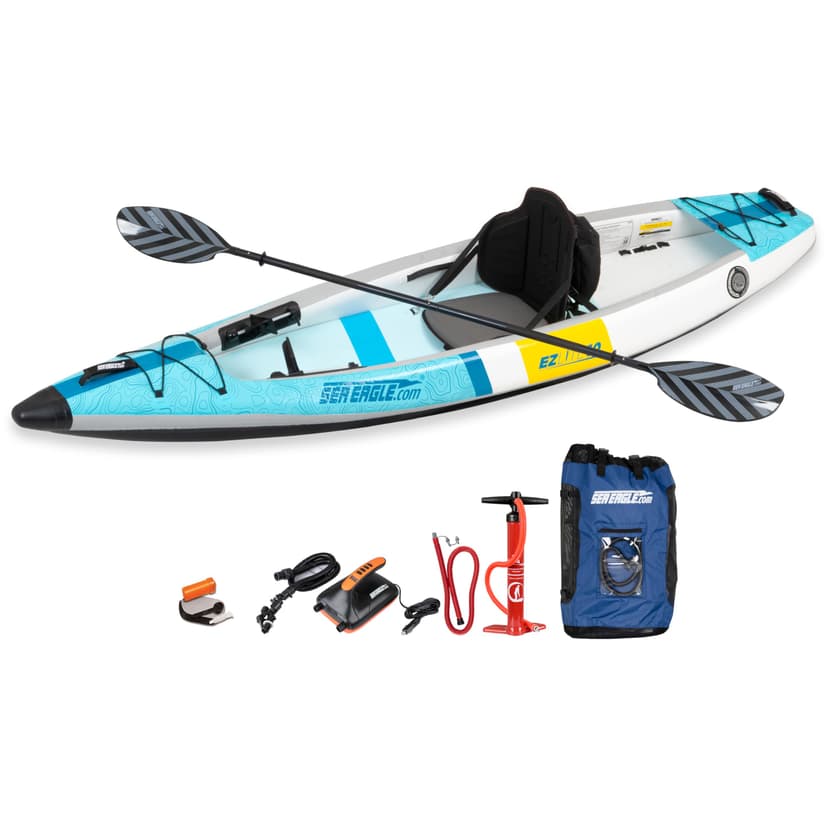 Sea Eagle EZLITE 10 Ultralight, All Woven, Drop Stitch, Rigid, High Performance, Easy Setup, 10' Solo Inflatable Kayak w/Backpack, Seat Paddle and Adjustable Footrests (EZLITE10 E Pump)