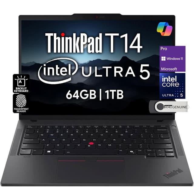 Lenovo ThinkPad T14 Gen 5 Business Laptop 14" FHD+ IPS, Intel Ultra 5 125U, 64GB DDR5 RAM, 1TB SSD, 5MP HD Webcam, Fingerprint, Backlit, Wi-Fi 6E, 2 Thunderbolt 4, AI PC, W11P, 3 Yr Wty