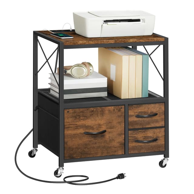 MAHANCRIS File Cabinet with Charging Station, 3 Drawer Lateral Filing Cabinet for Home Office, Mobile Printer Stand with Open Shelf, Fits A4/Letter Size File, Nonwovens Drawer, Rustic Brown FCHR98E01