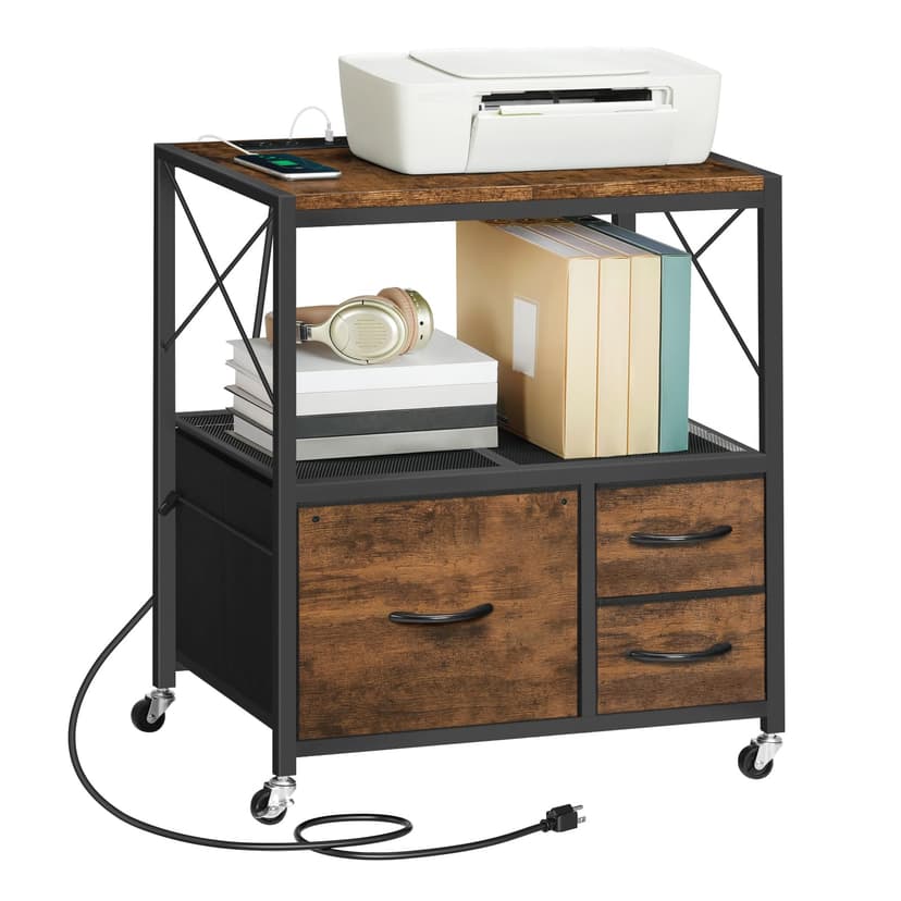 MAHANCRIS File Cabinet with Charging Station, 3 Drawer Lateral Filing Cabinet for Home Office, Mobile Printer Stand with Open Shelf, Fits A4/Letter Size File, Nonwovens Drawer, Rustic Brown FCHR98E01