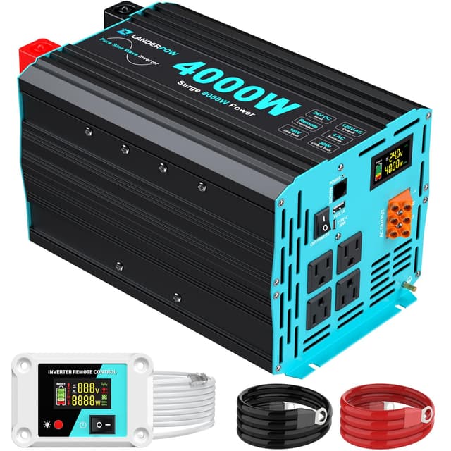 LANDERPOW 24V DC to 120V AC 4000 Watt Pure Sine Wave Inverter for RV, Truck, Solar, Home, Off-Grid, Power Inverter with 4 AC Outlet, 30W Type-C, 5V 3.1A USB, Hardwire Port, Remote Control, Surge 8000W