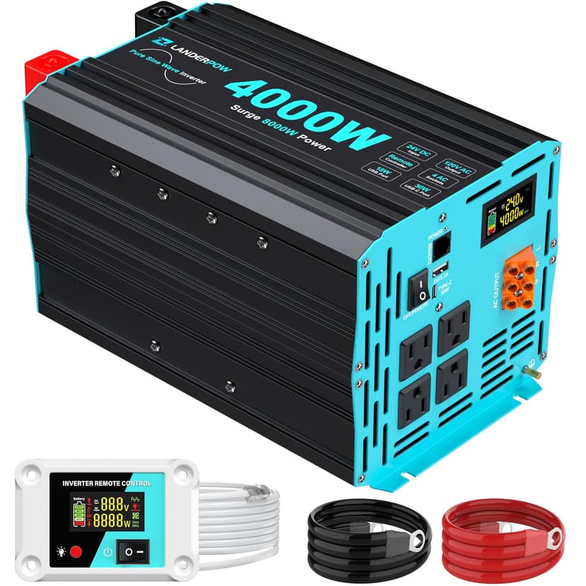 LANDERPOW 24V DC to 120V AC 4000 Watt Pure Sine Wave Inverter for RV, Truck, Solar, Home, Off-Grid, Power Inverter with 4 AC Outlet, 30W Type-C, 5V 3.1A USB, Hardwire Port, Remote Control, Surge 8000W