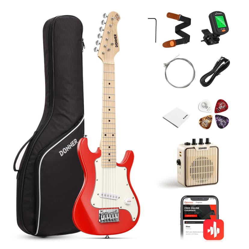 Donner 30 Inch Kids Electric Guitar Beginner Kits ST Style Mini Electric Guitar for Boys Girls with Amp, 600D Bag, Tuner, Picks, Cable, Strap, Extra Strings, DSJ-100, Red