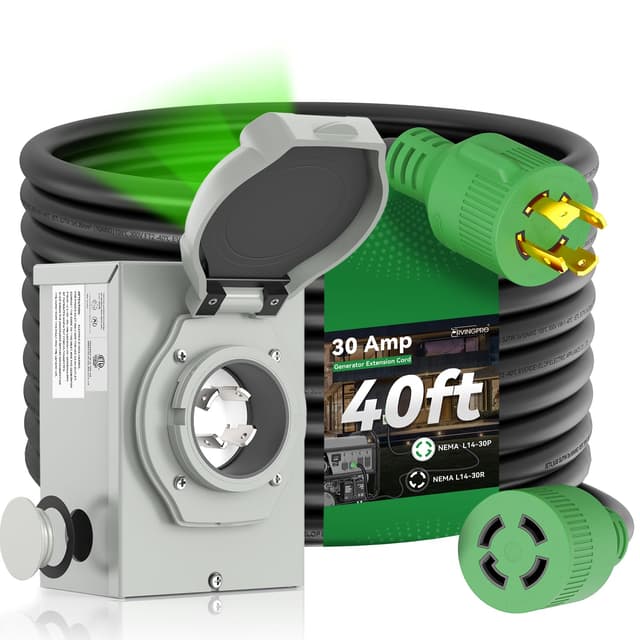 RVINGPRO 30 Amp Generator Cord 40FT and Power Inlet Box, Pre-Drilled 30 Amp Generator Inlet Box with Cord, NEMA L14-30P to L14-30R Generator Cord Waterproof Combo Kit, ETL Listed
