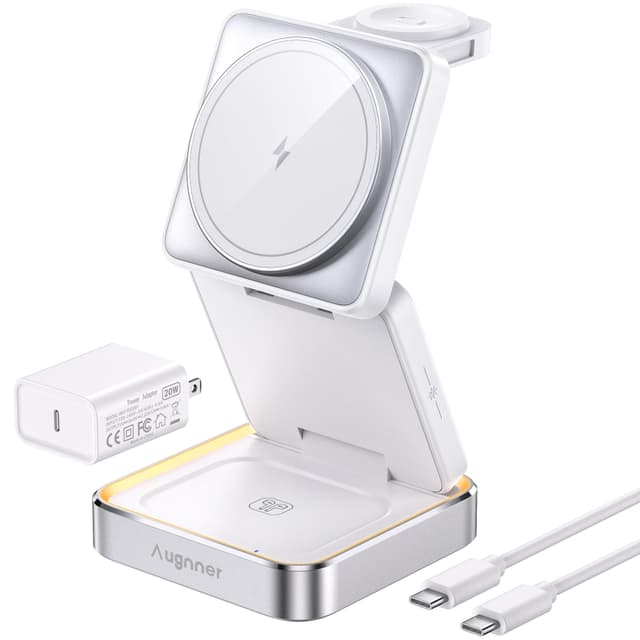 【2026 Upgraded】Wireless Charger 3 in 1, Foldable Wireless Charging Station with Light for Apple MagSafe Charger, Travel Magnetic Charger for iPhone 17/16/15/14/13/12 Apple Watch AirPods (20W Adapter)