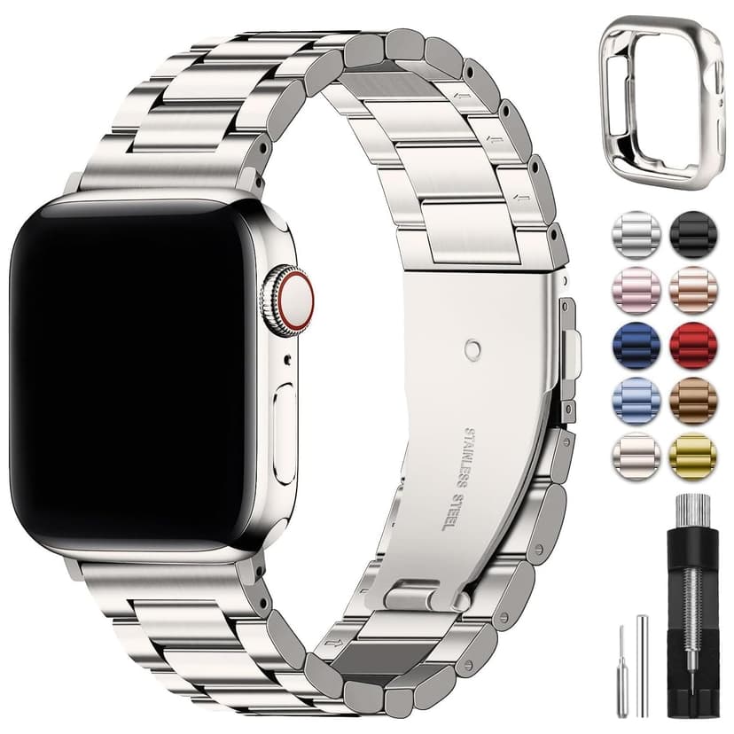 Fullmosa Metal Band Compatible with Apple Watch Bands 45mm 44mm 42mm, iWatch Band with Case for Apple Watch Series 9 8 7 6 5 4 3 2 1 SE3/2/1, Starlight
