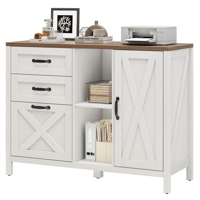 Halitaa 3 Drawer File Cabinet, Farmhouse Style Lateral Filing Cabinet Suitable for Letter or A4 Size Files, Wooden Home Office Storage with Adjustable Shelf and Printer Stand, White