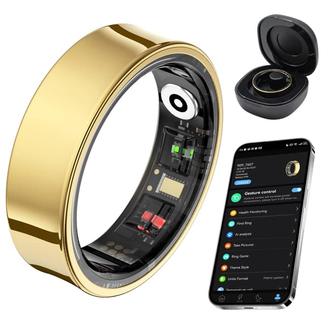 AMOVAN Smart Ring for Women Men, Fitness Tracker Ring with Body Temperature, Heart Rate, Blood Oxygen, Sleep Monitor, Calories, No Subscription Fee, IP68 Waterproof for iPhone & Android (Gold, #8)
