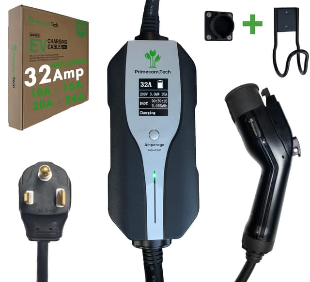 PRIMECOMTECH Primecom.Tech Level 2 Electric Vehicle (EV) Charger Amperage Adjustable (10Amp - 16Amp - 20Amp - 24Amp - 32Amp) 30Ft Cable EVSE Plug-in Hybrid (30 FT, 6-50P)