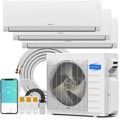 ROVSUN 28000 BTU Tri Zone WIFI Mini Split AC/Heating System, 20 SEER2 3 Zone (9K/9K/9K) BTU Ductless Split Air Conditioner with Pre-Charged Condenser, Heat Pump & 25Ft Line Set, 208-230V