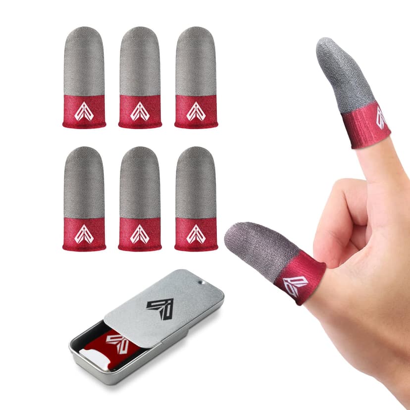 LAYASIMON 6PCS Gaming Finger Sleeves. 0.29MM Silver Fiber, Anti Sweat, Extremely Thin,Breathable Touchscreen dedales Gamer Finger Cover Thumb Sleeve Fit Phone Game Tablet Devices. (Red)
