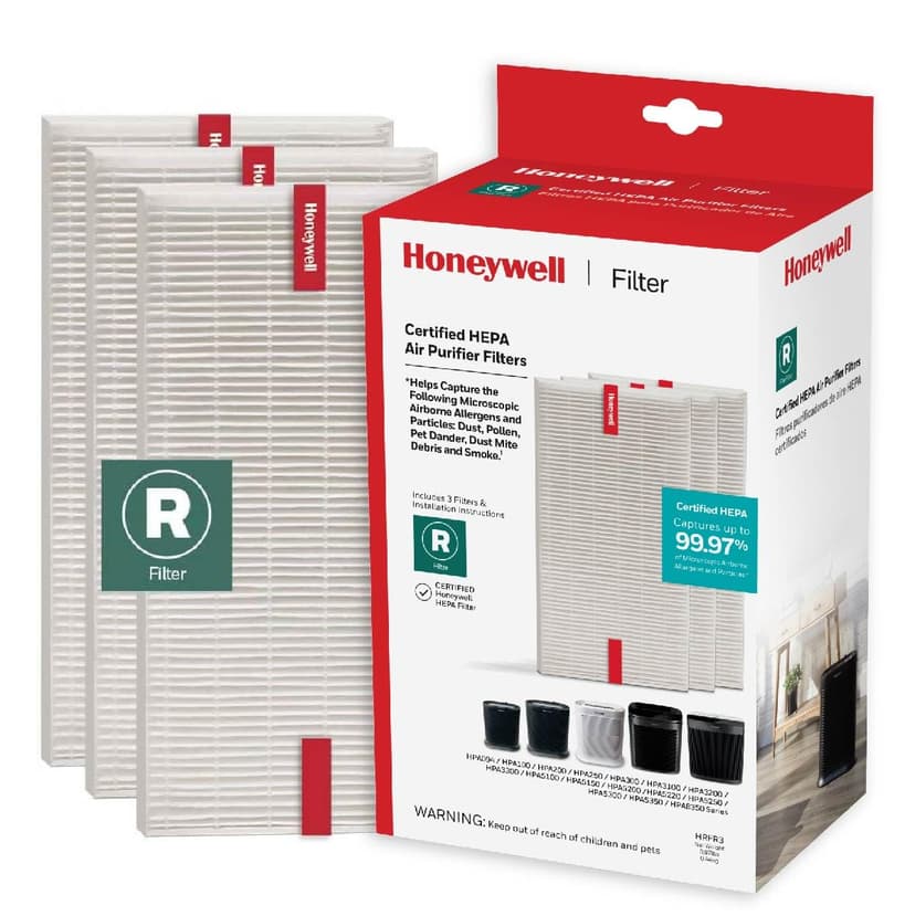 Honeywell HEPA Air Purifier Filter R, 3-Pack for HPA 100/200/300, 3000 and 5000 Series - Airborne Allergen Air Filter Replacement Targets Wildfire/Smoke, Pollen, Pet Dander, and Dust